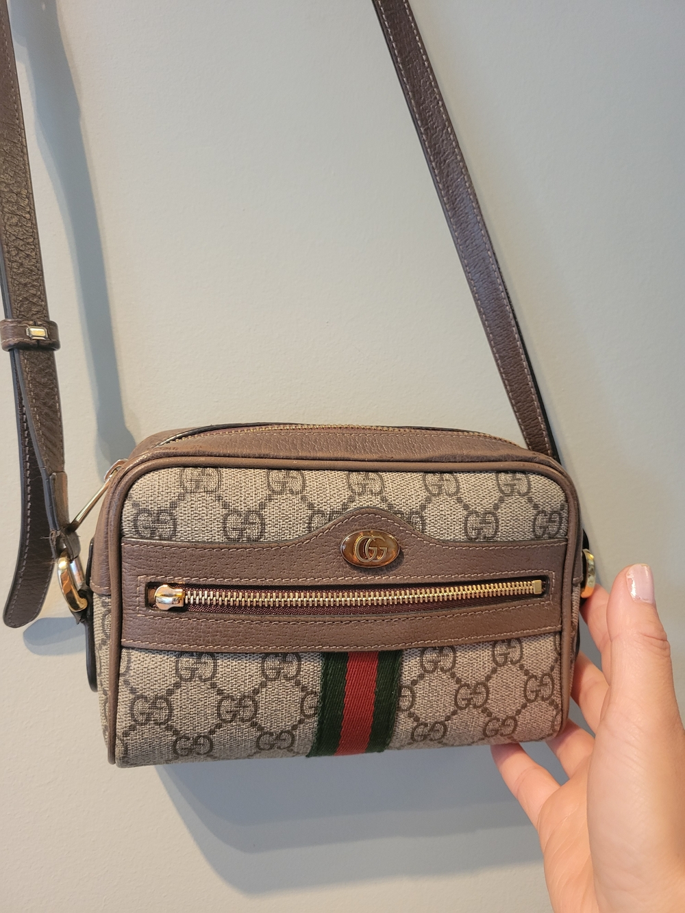 Gucci Brown Monogram Crossbody Bag with Signature Web Stripe - Picture 16 of 16